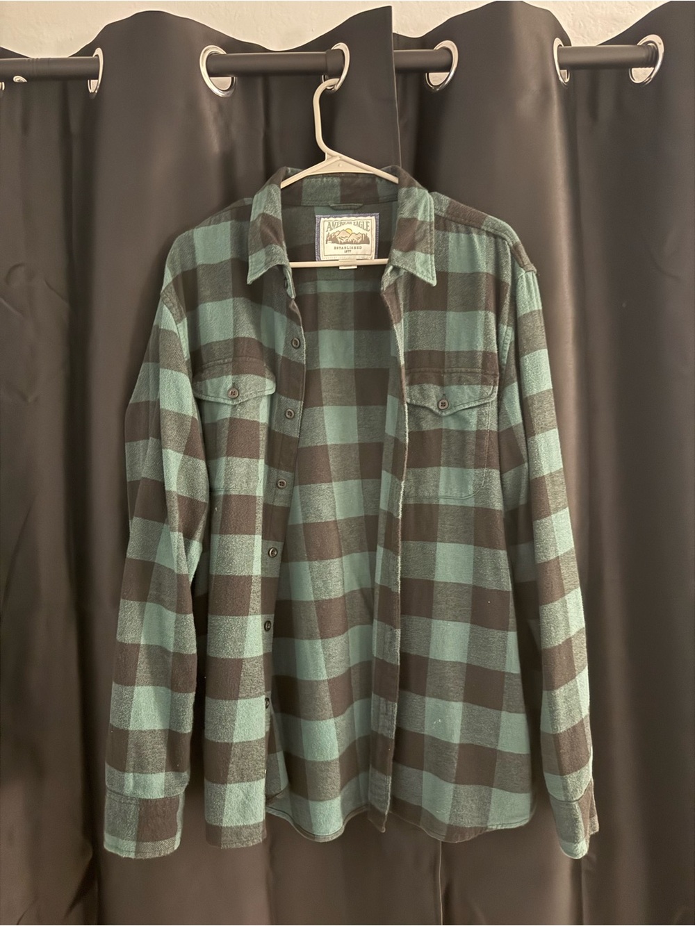 American Eagle Outfitters Black and Teal Plaid Button-Down Shirt